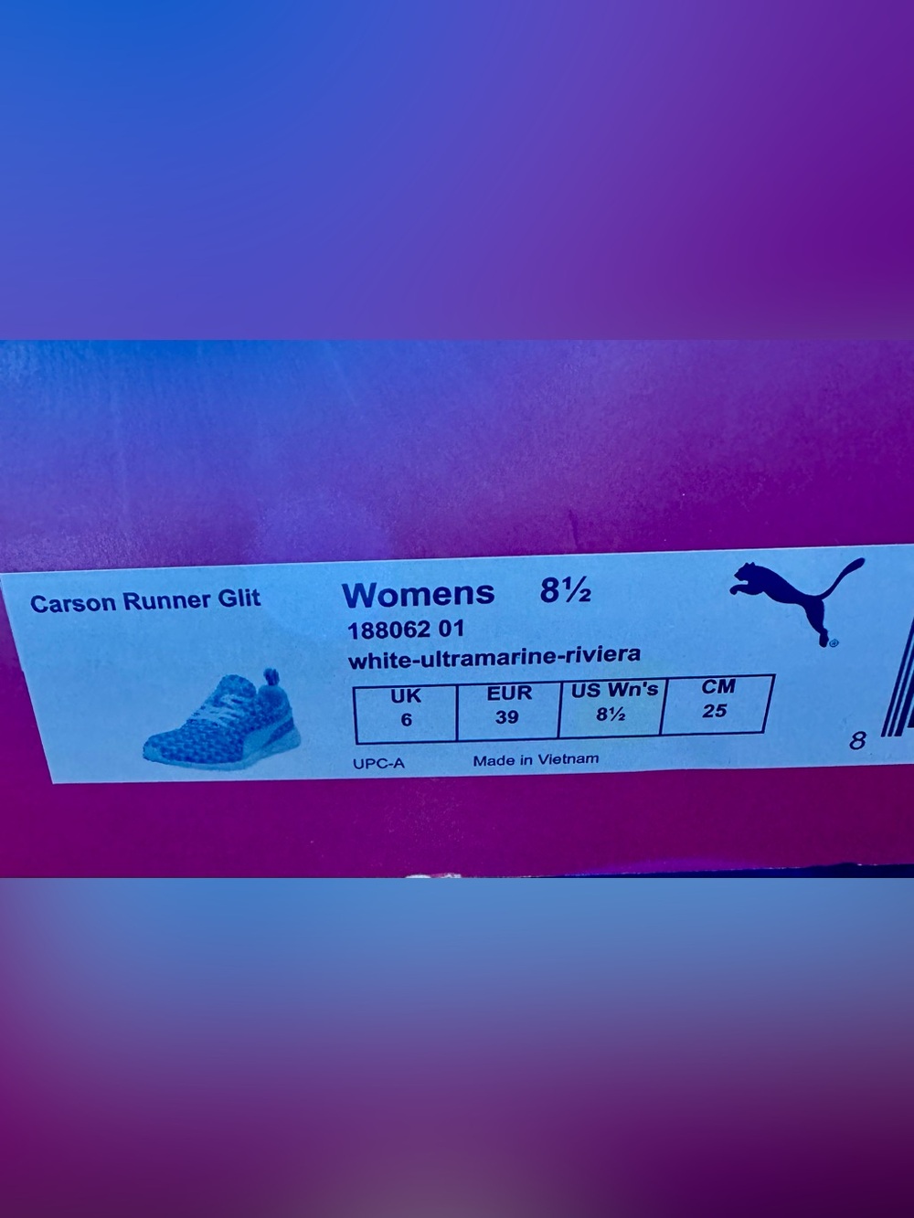 PUMA Carson Runner Glitz Womens running shoe - White/Ultramarine/Riviera, 8½ NEW